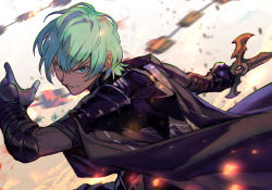 Rule 34 | 1boy, armor, black armor, black cape, byleth (fire emblem), byleth (male) (fire emblem), cape, enlightened byleth (male), fire emblem, fire emblem: three houses, gauntlets, green eyes, green hair, hair between eyes, holding, holding sword, holding weapon, hungry clicker, looking at viewer, nintendo, short hair, solo, sword, sword of the creator, upper body, weapon