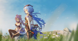Rule 34 | 2girls, absurdres, ahoge, bare shoulders, blue hair, blue sky, breasts, brown legwear, closed mouth, day, detached sleeves, dress, floating hair, flower, frilled dress, frills, ganyu (genshin impact), genshin impact, goat horns, hair flower, hair ornament, highres, holding, holding flower, horns, keqing (genshin impact), long hair, long sleeves, looking at viewer, looking back, medium breasts, multiple girls, outdoors, pantyhose, parted lips, purple dress, purple eyes, purple hair, rock, short sleeves, sitting, sitting on rock, sky, standing, starsd, twintails, very long hair, white flower, wind