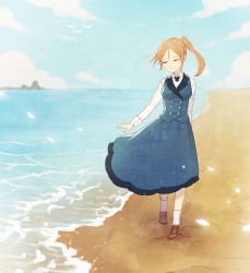 Rule 34 | 1girl, beach, blue dress, brown hair, character request, closed eyes, cloud, day, dress, full body, gradient background, long hair, outdoors, ponytail, saban, sky, smile, solo, sound horizon, texture, water