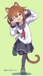 Rule 34 | 1girl, animal ears, black pantyhose, black sailor collar, black skirt, cat ears, cat tail, full body, green background, highres, ikazuchi (kancolle), kantai collection, long sleeves, looking at viewer, one eye closed, pantyhose, paw pose, pleated skirt, sailor collar, school uniform, serafuku, shirt, skirt, smile, solo, standing, standing on one leg, tail, twitter username, white shirt, wreath (a1b2c3d45)