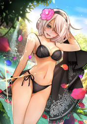 Rule 34 | 1girl, android, bikini, black bikini, blue eyes, breasts, cleavage, colored eyelashes, cowboy shot, curvy, day, female focus, hair over one eye, legs together, looking at viewer, medium breasts, navel, nier (series), nier:automata, open mouth, outdoors, plant, short hair, side-tie bikini bottom, silver hair, smile, solo, sparkle, standing, stomach, swimsuit, 2b (nier:automata)