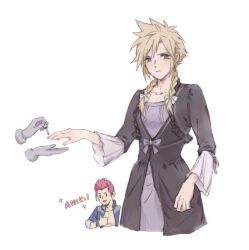 Rule 34 | 2boys, blonde hair, blue eyes, blue jacket, blush, bow, bracelet, braid, clothes grab, cloud strife, commentary, cropped legs, cropped torso, crossdressing, dangle earrings, disembodied limb, dress, earrings, embarrassed, final fantasy, final fantasy vii, final fantasy vii remake, frilled sleeves, frills, furrowed brow, grey bow, grey dress, hair bow, hand up, jacket, jewelry, johnny (ff7), light frown, long sleeves, looking at another, looking to the side, male focus, maoli45222137, mohawk, multiple boys, nail polish, open clothes, open jacket, open mouth, painting nails, pink nails, red hair, short hair with long locks, simple background, smile, spiked hair, symbol-only commentary, thumbs up, translated, twin braids, upper body, white background, white bow