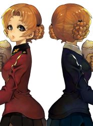 Rule 34 | 10s, 2girls, black bow, black skirt, blue eyes, blue skirt, blue sweater, bow, braid, brown gloves, commentary request, dress shirt, dual persona, epaulettes, facing away, from side, girls und panzer, gloves, hair bow, holding, holding teapot, jacket, kuzuno ha, lips, long sleeves, looking at viewer, military, military uniform, miniskirt, multiple girls, orange pekoe (girls und panzer), parted lips, pleated skirt, red jacket, school uniform, shirt, short hair, simple background, skirt, st. gloriana&#039;s military uniform, st. gloriana&#039;s school uniform, standing, sweater, symmetry, teapot, twin braids, uniform, white background, white shirt