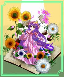 Rule 34 | 1girl, :&lt;, book, border, bow, capelet, crescent, daisy, dress, flower, hair bow, hand up, hat, hat ribbon, highres, leaf, long hair, looking away, mob cap, morning glory, mukyuu, open book, patchouli knowledge, purple hair, red eyes, red rose, ribbon, robe, rose, ryouryou, solo, sunflower, touhou, very long hair, yellow background