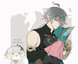 Rule 34 | 1boy, 1girl, ahoge, alhaitham (genshin impact), armlet, black shirt, braid, cape, commentary, crown braid, detached sleeves, english commentary, gem, genshin impact, green cape, green eyes, green gemstone, grey hair, headphones, headphones removed, looking down, nahida (genshin impact), open mouth, pointy ears, sgrimp, shirt, side ponytail, smile, upper body, white background, white hair
