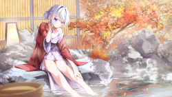 Rule 34 | 1girl, absurdres, amane kanata, angel wings, autumn leaves, bare legs, blue eyes, blue hair, blurry, blurry foreground, blush, commentary request, daidai (daidai826), day, eyes visible through hair, floral print, hair bun, hand on own leg, hand on own neck, highres, hololive, jacket, japanese clothes, kimono, leaf, looking at viewer, multicolored hair, off shoulder, onsen, parted lips, pink hair, print kimono, purple kimono, red jacket, rock, silver hair, single bare shoulder, single hair bun, sitting, soaking feet, solo, streaked hair, virtual youtuber, water, wide sleeves, wings, yukata