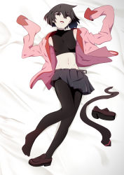 Rule 34 | 1girl, absurdres, arms up, bad id, bad pixiv id, bare shoulders, bed sheet, black eyes, black hair, black necktie, black pantyhose, black shirt, black skirt, blank eyes, bob cut, breasts, brown footwear, commentary, drawdream1025, from above, full body, groin, hair over eyes, highres, looking at viewer, lying, midriff, monogatari (series), navel, necktie, unworn necktie, on back, on bed, open clothes, open mouth, open shirt, oshino ougi, pantyhose, pink shirt, pleated skirt, school uniform, shirt, shoes, unworn shoes, short hair, single shoe, skirt, sleeveless, sleeveless turtleneck, sleeves past wrists, small breasts, solo, turtleneck, unbuttoned, unfastened, white background