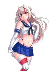 Rule 34 | 1girl, absurdres, bare shoulders, black panties, blue skirt, breasts, buttons, closed mouth, cosplay, crop top, crop top overhang, cropped shirt, double bun, elbow gloves, gloves, gradient hair, hair bun, hand on own thigh, hand up, highleg, highres, hololive, horns, kantai collection, long hair, looking at viewer, medium breasts, midriff, miniskirt, multicolored hair, nakiri ayame, navel, neckerchief, nyang-kaz, panties, panty straps, pleated skirt, red eyes, sailor collar, school uniform, serafuku, shimakaze (kancolle), shimakaze (kancolle) (cosplay), shirt, skin-covered horns, skirt, sleeveless, sleeveless shirt, small breasts, smile, solo, standing, stomach, streaked hair, striped clothes, striped thighhighs, thighhighs, thighs, thong, transparent background, two side up, underwear, virtual youtuber, white gloves, white hair, white shirt, zettai ryouiki