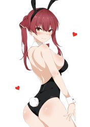 Rule 34 | 1girl, animal ears, ass, bare back, breasts, heart, heterochromia, highres, hololive, houshou marine, hukigen dadada, leotard, long hair, playboy bunny, rabbit ears, rabbit tail, red eyes, red hair, solo, tail, twintails, virtual youtuber, white background