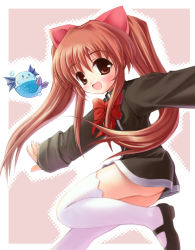 Rule 34 | 1girl, :d, aloe, aloe (quiz magic academy), animal ears, ass, black dress, blush, bow, brown eyes, brown hair, cat ears, child, dress, long hair, long sleeves, looking at viewer, mary janes, open mouth, original, outstretched arms, quiz magic academy, red hair, shoes, smile, solo, spread arms, thighhighs, torishimo, twintails, white thighhighs