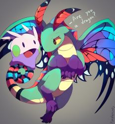 Rule 34 | &gt;:(, 1girl, :d, artist name, brightwing, claws, commentary, creatures (company), crossover, dragon, english commentary, english text, game freak, gen 6 pokemon, goomy, grey background, heroes of the storm, multicolored tail, multicolored wings, nintendo, no humans, open mouth, pokemon, pokemon (creature), purpleninfy, simple background, sitting on another&#039;s tail, smile, tail, warcraft, wings, world of warcraft, yellow eyes