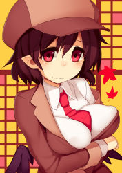Rule 34 | 1girl, :3, blouse, blush, breast rest, breasts, brown hair, brown hat, collared shirt, covered erect nipples, flat cap, hat, jacket, large breasts, leaf, long sleeves, looking at viewer, maple leaf, mikan (bananoha), necktie, off shoulder, official alternate costume, pointy ears, red eyes, shameimaru aya, shameimaru aya (newsboy), shirt, short hair, smile, solo, suit jacket, touhou, upper body, white shirt, wings