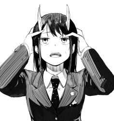 Rule 34 | 1girl, aoki ruri, blazer, collared shirt, dragon girl, dragon horns, greyscale, hands on own head, hatching (texture), highres, horns, jacket, lapels, linear hatching, long sleeves, looking up, mango (hebimango), medium hair, monochrome, necktie, notched lapels, open mouth, parted bangs, ruri dragon, school uniform, shirt, simple background, solo, sweat, swept bangs, upper body, white background