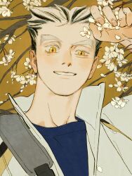 Rule 34 | 1boy, arm up, black hair, blue shirt, bokuto koutarou, chengongzi123, cherry blossoms, collared jacket, colored eyelashes, commentary, english commentary, flower, grey hair, grin, haikyuu!!, high collar, highres, holding, holding flower, jacket, looking at viewer, male focus, multicolored hair, shirt, short hair, simple background, slit pupils, smile, streaked hair, thick eyebrows, uneven eyes, upper body, very short hair, yellow background, yellow eyes