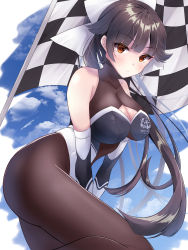 Rule 34 | 1girl, alternate costume, azur lane, bare shoulders, black hair, bow, breasts, bridal gauntlets, checkered flag, cleavage, cleavage cutout, clothing cutout, commentary request, curvy, detached sleeves, flag, hair flaps, hair ribbon, high collar, high ponytail, highleg, highleg leotard, highres, impossible clothes, large breasts, leotard, long hair, looking at viewer, multicolored leotard, pantyhose, poco., ponytail, race queen, ribbon, solo, takao (azur lane), takao (full throttle charmer) (azur lane), thighs, turtleneck, two-tone leotard, unitard, white bow, white ribbon