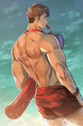 Rule 34 | 1boy, back, back focus, bara, brk 603, brown hair, from behind, highres, korean commentary, lifeguard, looking at viewer, male focus, male swimwear, muscular, muscular male, original, red male swimwear, red swim trunks, sky, swim trunks, swimsuit, wet, whistle, whistle around neck, wristband