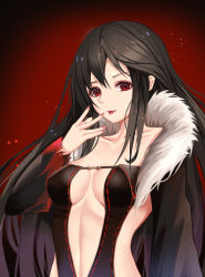 Rule 34 | 1girl, absurdres, bad id, bad pixiv id, black hair, breasts, cleavage, collarbone, commentary request, cup6542, fate/grand order, fate (series), fingernails, fur-trimmed sleeves, fur trim, gradient background, highres, long fingernails, long hair, long sleeves, medium breasts, nail polish, parted lips, pink nails, red background, red eyes, revealing clothes, ribbon trim, smile, solo, tongue, tongue out, upper body, very long hair, yu mei-ren (fate)