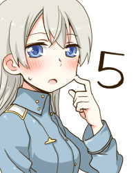 Rule 34 | 1girl, blonde hair, blush, eila ilmatar juutilainen, long hair, military, military uniform, mitsuki meia, open mouth, simple background, solo, strike witches, sweatdrop, uniform, white background, world witches series