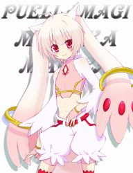 Rule 34 | 10s, :3, ahoge, androgynous, animal ears, english text, gender request, highres, kyubey, mahou shoujo madoka magica, navel, personification, red eyes, red thighhighs, short hair, shorts, smile, solo, thighhighs, white hair