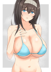 Rule 34 | 1girl, absurdres, areola slip, arm behind back, bare shoulders, bikini, bikini top only, black hair, blue bikini, blue eyes, blush, border, breasts, cleavage, collarbone, dot nose, grey background, hair between eyes, hairband, hand up, highres, idolmaster, idolmaster cinderella girls, idolmaster cinderella girls starlight stage, long hair, looking at viewer, medium breasts, navel, open hand, outside border, parted lips, sagisawa fumika, shy, simple background, solo, steam, sweat, swimsuit, underboob, white border, white hairband, zhi (papercraft8559)