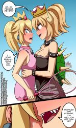 Rule 34 | 1boy, 2girls, 2koma, :d, :o, adapted costume, armlet, asymmetrical docking, bare arms, bare shoulders, black dress, blonde hair, blue background, blue eyes, blue gemstone, blush, bowsette, bracelet, breast press, breasts, brown horns, cleavage, collar, comic, cowboy shot, crown, dress, earrings, embarrassed, english text, eye contact, face-to-face, from side, full-face blush, gem, gradient background, hair between eyes, holding, holding racket, horns, hug, interspecies, jewelry, large breasts, long dress, looking at another, looking away, luigi, mario (series), mario tennis, medium breasts, monster girl, multiple girls, neck, nervous, new super mario bros. u deluxe, nintendo, open mouth, pink dress, ponytail, princess, princess peach, pshyzo, racket, red eyes, red gemstone, round teeth, sharp teeth, shell, short dress, short hair, shy, sleeveless, sleeveless dress, smile, speech bubble, spiked armlet, spiked bracelet, spiked collar, spiked shell, spikes, standing, strapless, strapless dress, super crown, super mario bros. 1, sweat, symmetrical docking, talking, teeth, tennis racket, turtle shell, upper teeth only, yuri
