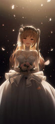 Rule 34 | 1girl, aspih sp, bouquet, bride, brown eyes, brown hair, crying, crying with eyes open, dress, elbow gloves, flower, frills, gloves, hair flower, hair ornament, highres, holding, holding bouquet, long hair, looking at viewer, original, petals, side ponytail, solo, streaming tears, tearing up, tears, veil, wedding, wedding dress, white dress