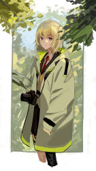 Rule 34 | 1girl, absurdres, arknights, black pantyhose, black skirt, blonde hair, blurry, blurry background, border, bush, camera, camera around neck, coat, collared shirt, commentary, cropped legs, green coat, highres, holding, holding camera, kasumi yuzuha, looking at viewer, necktie, outdoors, pantyhose, parted lips, red necktie, scene (arknights), shirt, short hair, side ponytail, single leg pantyhose, skirt, solo, tree, vest, white shirt, yellow eyes, yellow vest
