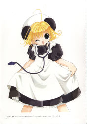 Rule 34 | 1girl, ahoge, blonde hair, cable, cropped legs, curtsey, di gi charat, dress, green eyes, head tilt, highres, koge donbo, looking at viewer, piyoko, puffy short sleeves, puffy sleeves, short sleeves, simple background, solo, standing, stethoscope, white background, white dress