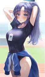 Rule 34 | 1girl, :o, arms behind head, blue archive, blue eyes, blurry, blurry background, blush, clothes around waist, halo, highres, id card, jacket, jacket around waist, long hair, looking at viewer, purple eyes, purple hair, shirt, solo, star (symbol), sweat, thighs, track and field, track jacket, track uniform, underwear, usa b, yuuka (blue archive), yuuka (track) (blue archive)