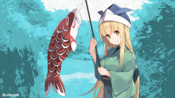 Rule 34 | 1girl, blonde hair, blunt bangs, blush, breasts, brown eyes, closed mouth, day, dille blood, dlsite.com, green kimono, hat, highres, japanese clothes, kimono, koinobori, large breasts, long hair, looking at viewer, obi, ocean, outdoors, parsley-f, sash, sidelocks, smile, solo, upper body, very long hair, wallpaper, wide sleeves, windsock