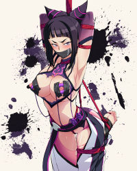 Rule 34 | 1girl, armpits, arms behind back, arms behind head, barefoot, bdsm, black hair, bondage, bound, breasts, capcom, cleavage, crotch rope, drill hair, egg vibrator, feet, frogtie, gag, gagged, halterneck, han juri, improvised gag, large breasts, makinaru, nipple stimulation, nipples, rope, sex toy, shibari, solo, street fighter, street fighter iv (series), suspension, sweat, tape, tape gag, thighhighs, toeless legwear, toes, torn clothes, twin drills, vibrator, vibrator on nipple