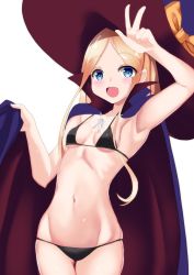 Rule 34 | 1girl, abigail williams (fate), bikini, black bikini, black bow, blonde hair, blue cape, blue eyes, blue hat, blush, bow, breasts, cape, fate/grand order, fate (series), forehead, hair bow, halloween costume, hat, highres, long hair, looking at viewer, multicolored cape, multicolored clothes, multiple bows, navel, open mouth, orange bow, parted bangs, popped collar, red cape, shinonome halltro, sidelocks, simple background, small breasts, smile, swimsuit, white background, witch hat