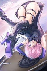 Rule 34 | 1girl, :o, absurdres, armor, armored boots, armored dress, armpits, ass, bare shoulders, black thighhighs, boots, breasts, commentary request, elbow gloves, eyes visible through hair, fate/grand order, fate (series), gloves, hair over one eye, highres, holding, holding shield, ildy, large breasts, looking at viewer, mash kyrielight, medium breasts, open mouth, pink hair, purple eyes, purple gloves, shield, short hair, solo, teeth, thigh strap, thighhighs, upside-down