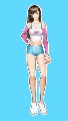 Rule 34 | 1girl, blue background, breasts, brown eyes, brown hair, casual, cellphone, cleavage, clothes writing, collarbone, cookie white, cross-laced footwear, d.va (overwatch), denim, denim shorts, emblem, facepaint, facial mark, full body, hand on own hip, head tilt, headphones, highres, holding, holding phone, light smile, long hair, long sleeves, looking at viewer, medium breasts, midriff, navel, outline, overwatch, overwatch 1, phone, pink lips, shirt, shoes, shorts, simple background, smartphone, solo, standing, swept bangs, taut clothes, taut shirt, whisker markings, white footwear, white shirt