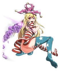 Rule 34 | 1girl, :d, alternate legwear, american flag dress, american flag legwear, american flag shirt, ass, asymmetrical legwear, blonde hair, clownpiece, feet, full body, hat, highres, jester cap, looking at viewer, mismatched legwear, nail polish, no panties, open mouth, pink eyes, short sleeves, simple background, smile, solo, thighhighs, tongue, tongue out, torch, touhou, w, white background, yaruku