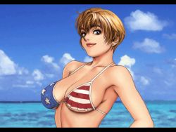 Rule 34 | 1girl, ;d, american flag bikini, american flag print, animated, animated gif, aprel o&#039;gin, armpits, bare shoulders, bikini, bikini pull, blonde hair, blue eyes, bouncing breasts, breasts, clothes pull, cloud, covered erect nipples, day, earrings, eyelashes, flag print, game cg, gif artifacts, grin, hair between eyes, hands on own hips, jewelry, large breasts, letterboxed, lips, lipstick, looking at viewer, makeup, motion blur, nipples, nude, ocean, one eye closed, open mouth, outdoors, photo background, print bikini, profile, public indecency, short hair, sky, smile, solo, standing, star (symbol), string bikini, striped, swimsuit, taisen hot gimmick, tsukasa jun, united states, upper body, wardrobe malfunction, water, wink, winking (animated)