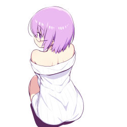 Rule 34 | 1girl, ass, bare shoulders, chan co, dress, fate/grand order, fate (series), from above, from behind, full body, glasses, looking back, mash kyrielight, off-shoulder dress, off-shoulder sweater, off shoulder, profile, purple eyes, purple hair, ribbed sweater, short hair, simple background, solo, squatting, sweater, sweater dress, white background