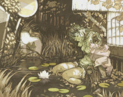 Rule 34 | 1girl, android, bad end, broken, catcar0983, closed eyes, damaged, grass, lily pad, original, pond, resolution mismatch, robot, science fiction, sleeping, source larger, water