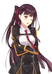 Rule 34 | 1girl, 5plus, blush, breasts, crossed arms, girls&#039; frontline, gloves, highres, long hair, medium breasts, necktie, one eye closed, pantyhose, purple hair, red eyes, side ponytail, solo, tsundere, twintails, very long hair, wa2000 (girls&#039; frontline), white background