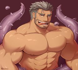 Rule 34 | 1boy, abs, bara, biceps, completely nude, dagon (housamo), facial hair, fish boy, grey hair, highres, large pectorals, long sideburns, looking at viewer, male focus, muscular, muscular male, nipples, nude, pectorals, sharp teeth, short hair, sideburns, solo, stomach, stubble, teeth, tentacles, terraxle, tokyo houkago summoners, tongue, tongue out, undercut, upper body