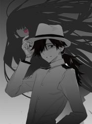 Rule 34 | 1boy, 1girl, bad id, bad pixiv id, fate/grand order, fate (series), floating, gradient background, grey background, greyscale, hair over one eye, hand on headwear, hand up, hat, hirota tsuu, jacket, long hair, long sleeves, looking at viewer, monochrome, one eye covered, oryou (fate), ponytail, red eyes, sakamoto ryouma (fate), smile, spot color