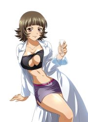 Rule 34 | 00s, 1girl, arm support, belt, breasts, brown eyes, brown hair, chouhi ekitoku, cleavage, cleavage cutout, clothing cutout, collarbone, erlenmeyer flask, female focus, flask, holding, ikkitousen, invisible chair, lab coat, large breasts, looking at viewer, midriff, miniskirt, navel, official art, pencil skirt, purple skirt, red eyes, shiny skin, short hair, simple background, sitting, skirt, smile, solo, thighs, white background
