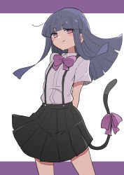 Rule 34 | 1girl, arms behind back, black skirt, blue hair, blush, bow, bowtie, cat tail, collarbone, commentary request, furude rika, highres, higurashi no naku koro ni, long28, long hair, looking at viewer, pleated skirt, purple bow, purple bowtie, purple eyes, shirt, skirt, solo, suspender skirt, suspenders, tail, tail bow, tail ornament, white shirt