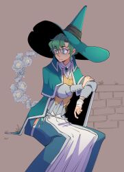Rule 34 | 1boy, bandaged wrist, bandages, blue eyes, blue hat, charmwitch, closed mouth, expressionless, glasses, green hair, grey-framed eyewear, hat, highres, long sleeves, original, short hair, sitting, solo, witch hat