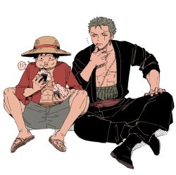 Rule 34 | ..., 2boys, abs, black eyes, black hair, chewing, earrings, eating, facial scar, flip-flops, food, food on face, full body, green hair, haramaki, hat, jewelry, looking at another, male focus, monkey d. luffy, multiple boys, neshogatsu co, one eye closed, one piece, onigiri, open clothes, pectoral cleavage, pectorals, roronoa zoro, sandals, scar, scar across eye, scar on cheek, scar on chest, scar on face, short hair, shorts, sideburns, simple background, single earring, sitting, speech bubble, spoken ellipsis, straw hat, tongue, tongue out, white background, yaoi
