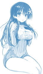 Rule 34 | 1girl, blue theme, blush, breasts, cleavage cutout, clothing cutout, female focus, hair ornament, impossible clothes, kawakami masaki, large breasts, long hair, looking at viewer, meme attire, monochrome, naked sweater, open-chest sweater, ribbed sweater, saten ruiko, simple background, sitting, sketch, solo, sweater, thighs, toaru kagaku no railgun, toaru majutsu no index, white background