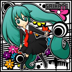 Rule 34 | 1girl, colorized, daisy, flower, formal, green eyes, green hair, hatsune miku, long hair, matching hair/eyes, necktie, no nose, noo-chan, saihate (vocaloid), skirt, skirt suit, socks, solo, suit, thighhighs, toriaka, twintails, vocaloid