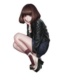 Rule 34 | 1girl, absurdres, ankle boots, black jacket, blue skirt, blunt bangs, bob cut, boots, brown eyes, brown hair, closed mouth, commentary request, copyright request, denim, denim skirt, from side, high heel boots, high heels, highres, jacket, jungon kim, leather, leather jacket, long sleeves, looking at viewer, looking to the side, making-of available, miniskirt, red socks, simple background, skirt, socks, solo, squatting, white background, wristband