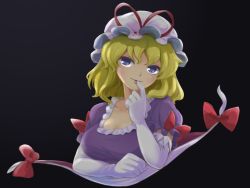 Rule 34 | 1girl, alternate hair length, alternate hairstyle, black background, blonde hair, bow, collarbone, dress, elbow gloves, finger to mouth, frilled dress, frilled hat, frills, gloves, hat, hat ribbon, itatatata, looking at viewer, mob cap, puffy short sleeves, puffy sleeves, purple dress, purple eyes, red bow, red ribbon, ribbon, short hair, short sleeves, solo, touhou, upper body, white gloves, white hat, yakumo yukari