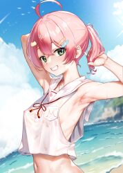 Rule 34 | 1girl, ahoge, alternate breast size, armpits, arms behind head, bandaid, bandaid hair ornament, bare shoulders, beach, blush, breasts, cat hair ornament, cloud, collar, covered erect nipples, day, dongchuan, green eyes, grin, hair between eyes, hair ornament, highres, hololive, looking at viewer, medium breasts, medium hair, navel, ocean, official alternate costume, outdoors, pink hair, sailor collar, sakura miko, sakura miko (school uniform), school uniform, shirt, sideless outfit, sky, sleeveless, sleeveless shirt, sma, small breasts, smile, stomach, twintails, virtual youtuber, wet, wet clothes, wet shirt, white shirt
